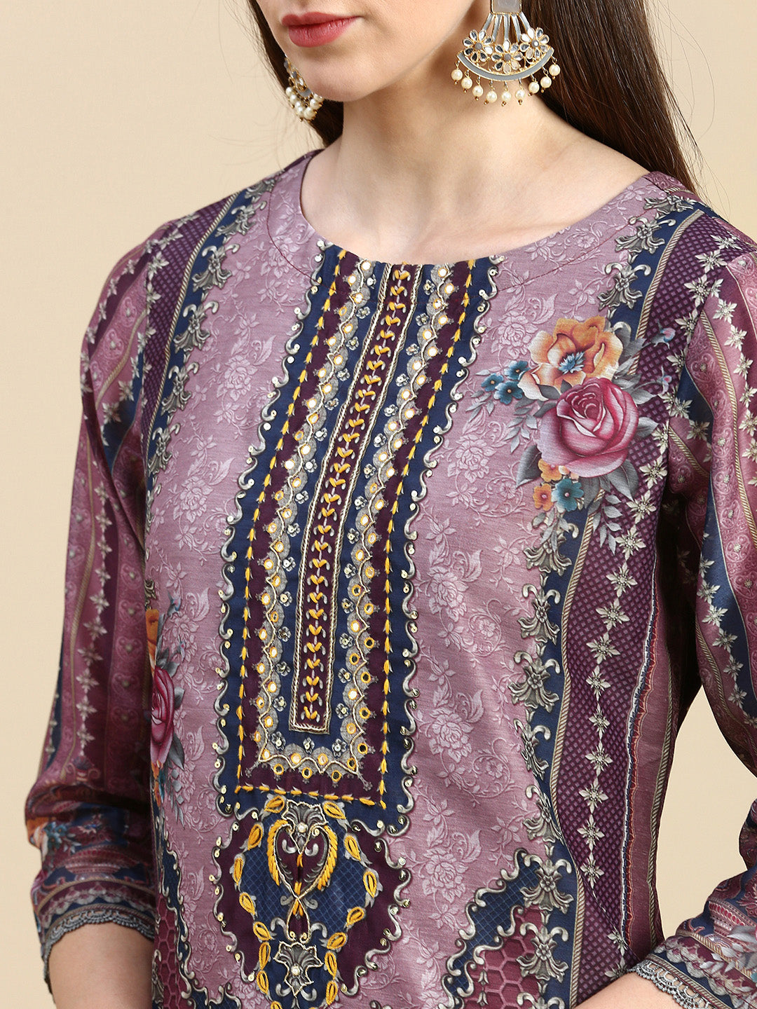 Women Floral Brown Straight Kurta Set with Dupatta