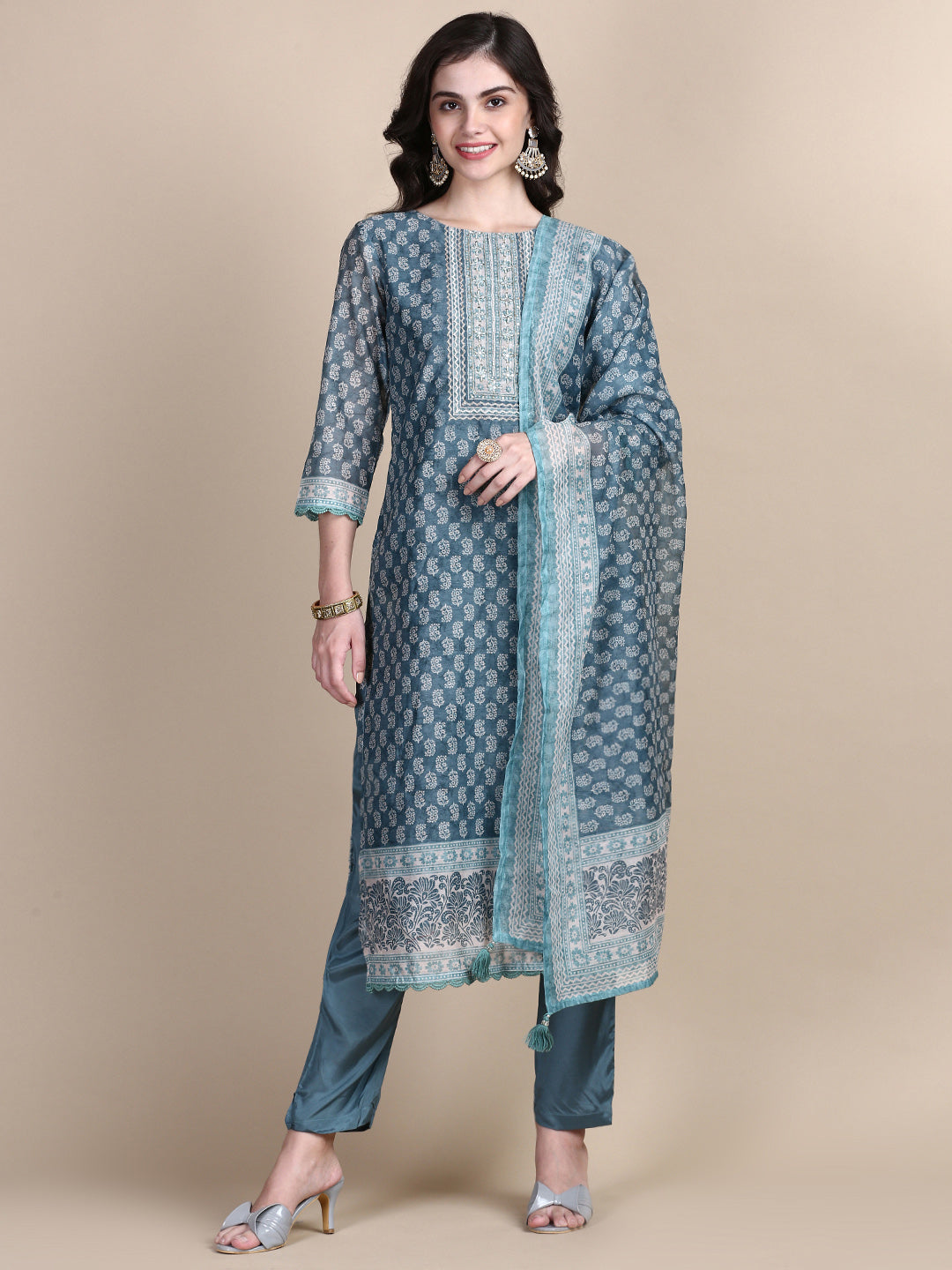 Women Ethnic Motifs Teal Straight Kurta Set with Dupatta