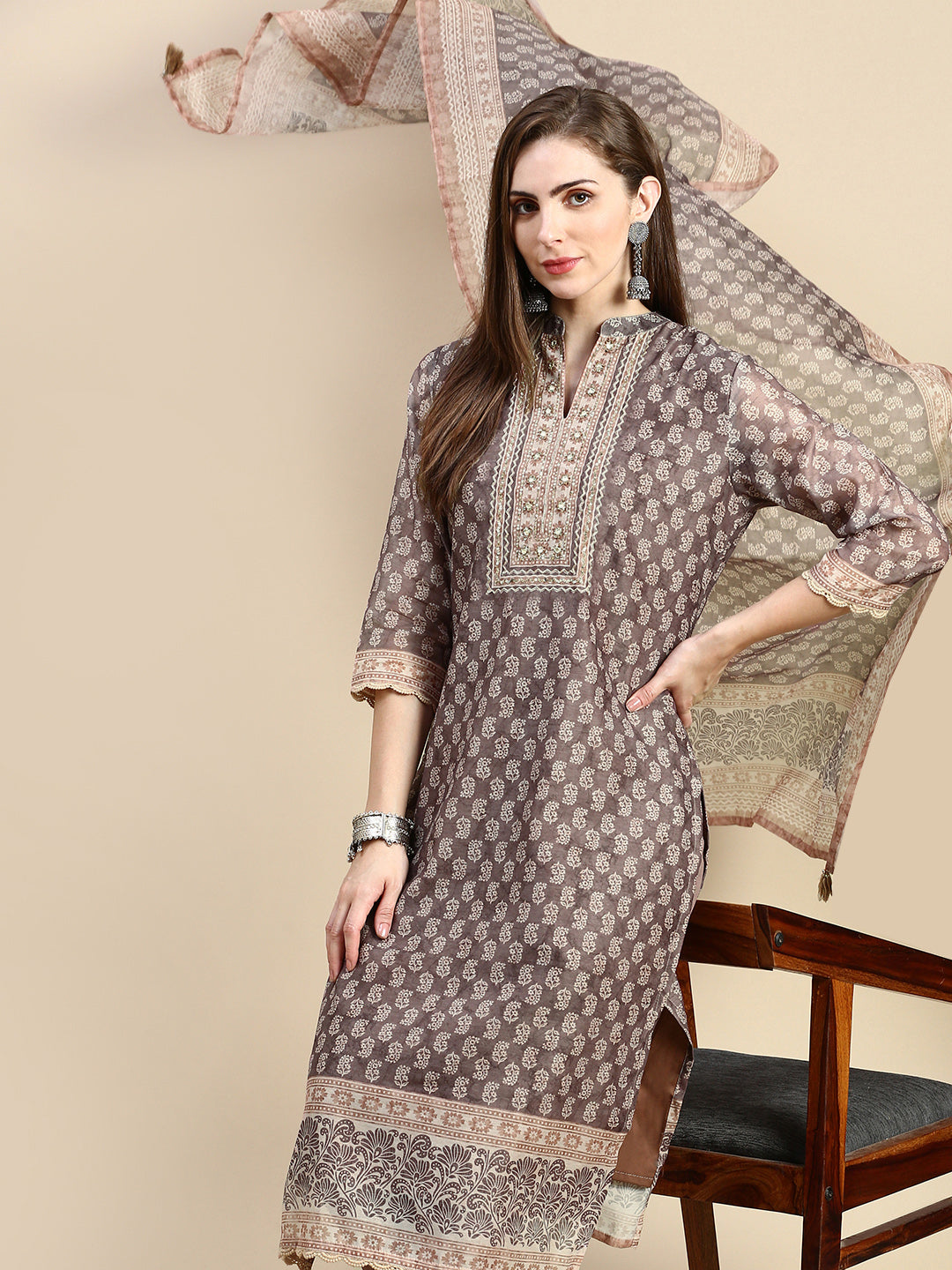 Women Ethnic Motifs Brown Straight Kurta Set with Dupatta