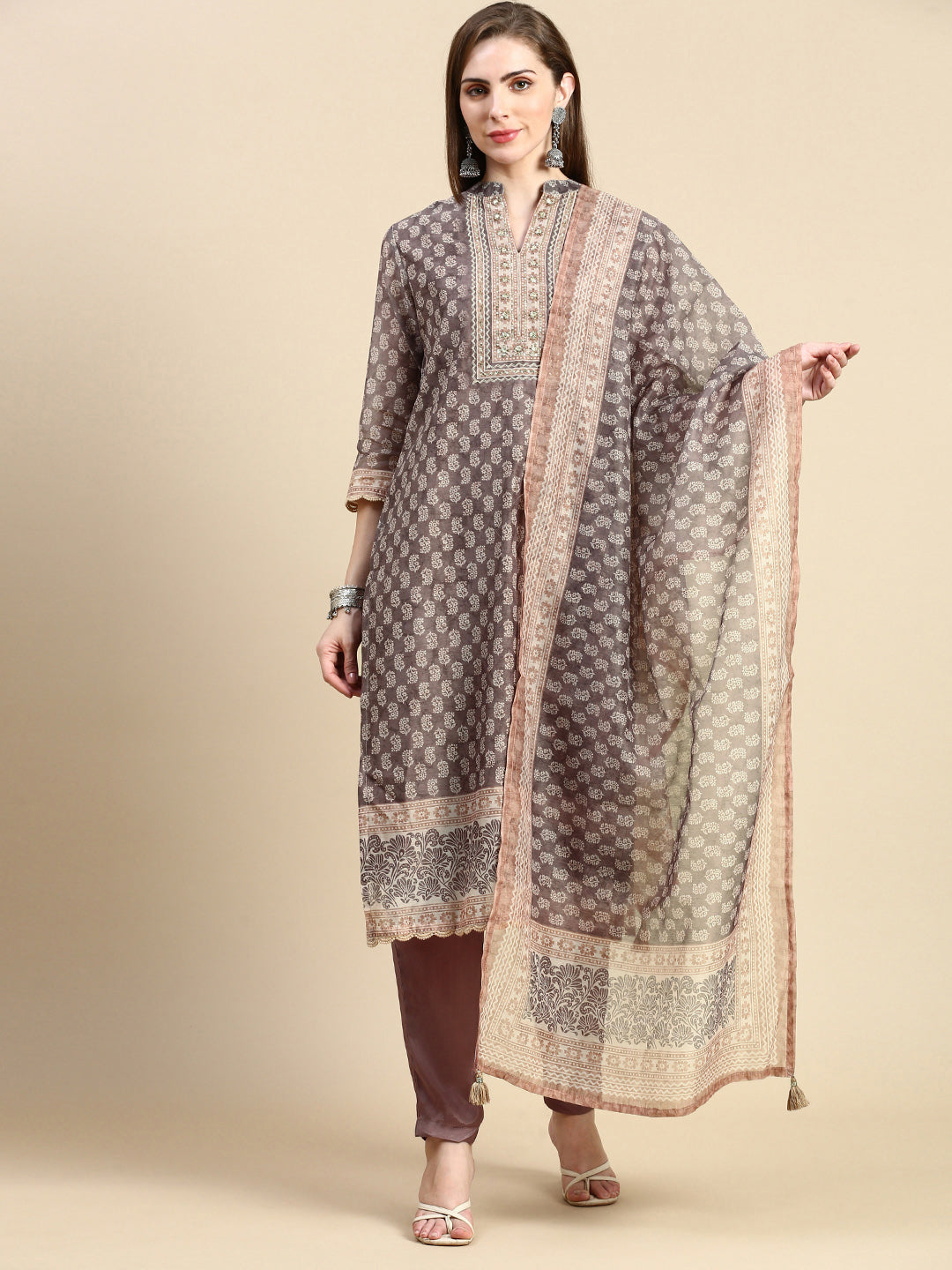 Women Ethnic Motifs Brown Straight Kurta Set with Dupatta