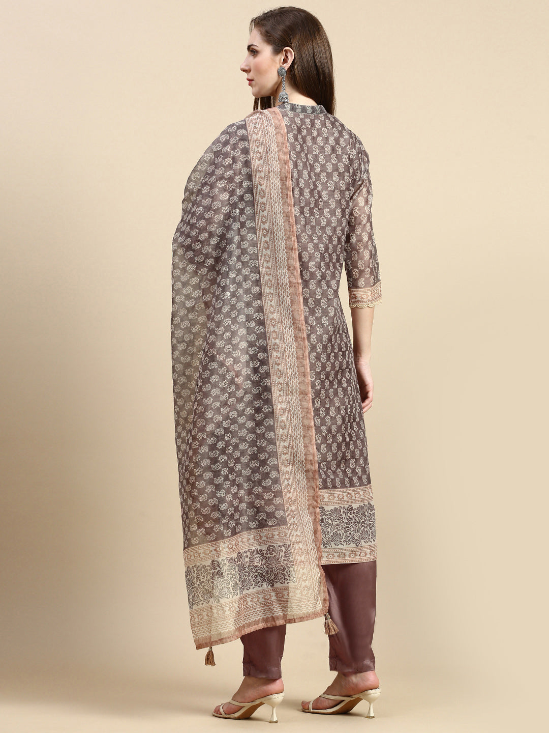 Women Ethnic Motifs Brown Straight Kurta Set with Dupatta