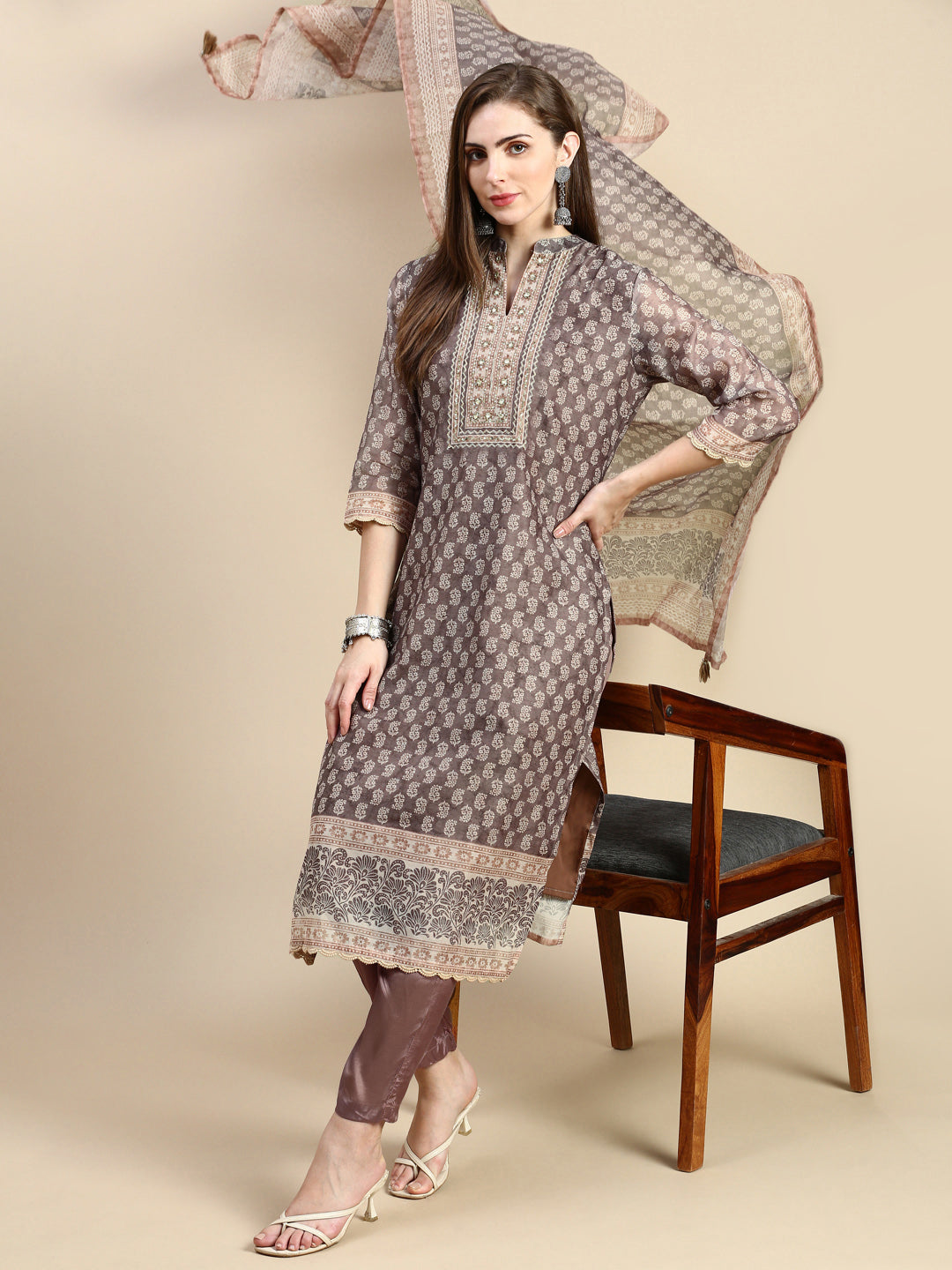 Women Ethnic Motifs Brown Straight Kurta Set with Dupatta