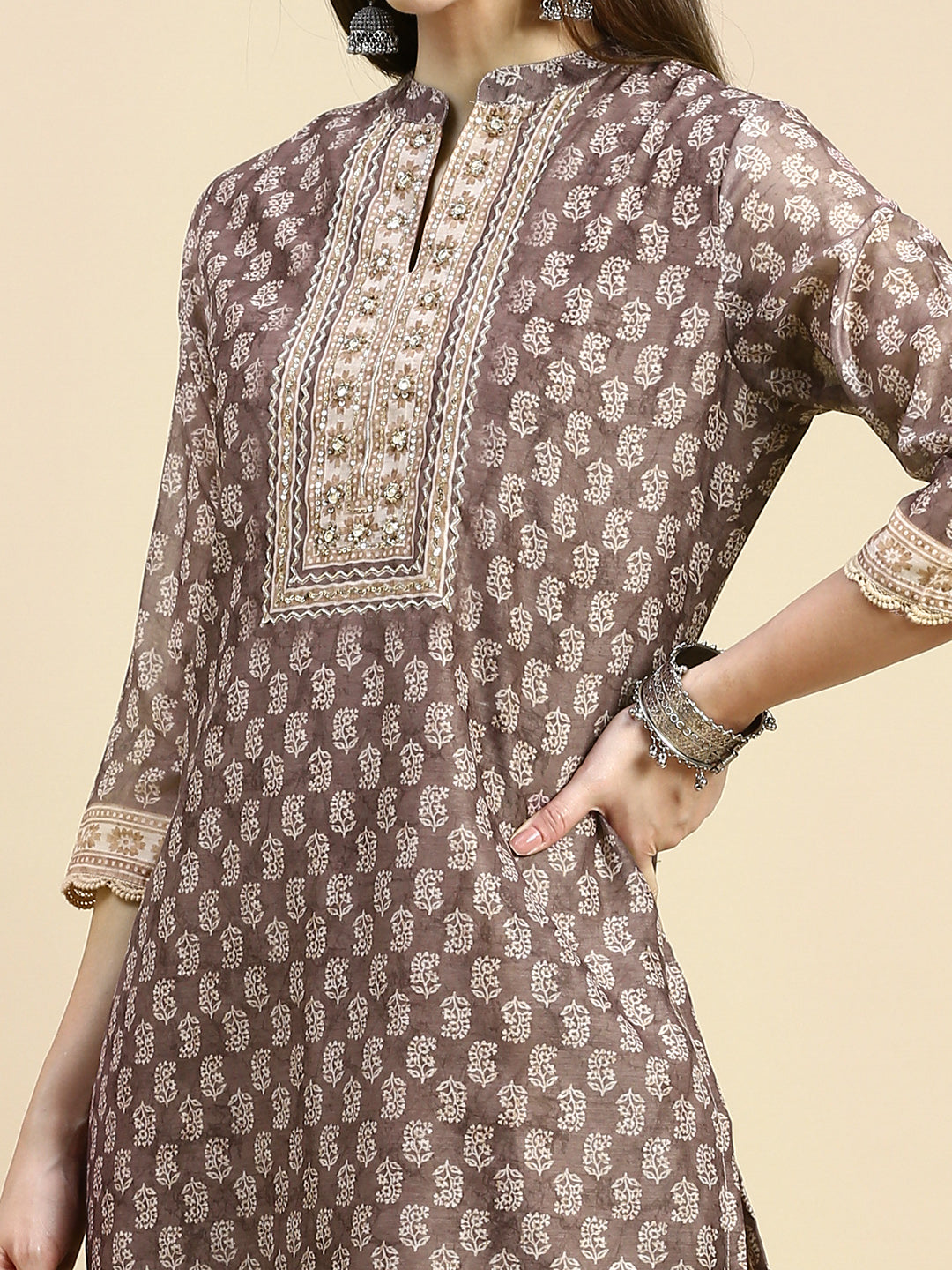 Women Ethnic Motifs Brown Straight Kurta Set with Dupatta