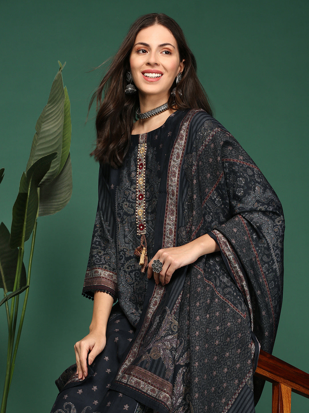 Women Graphic Charcoal Straight Kurta Set with Dupatta