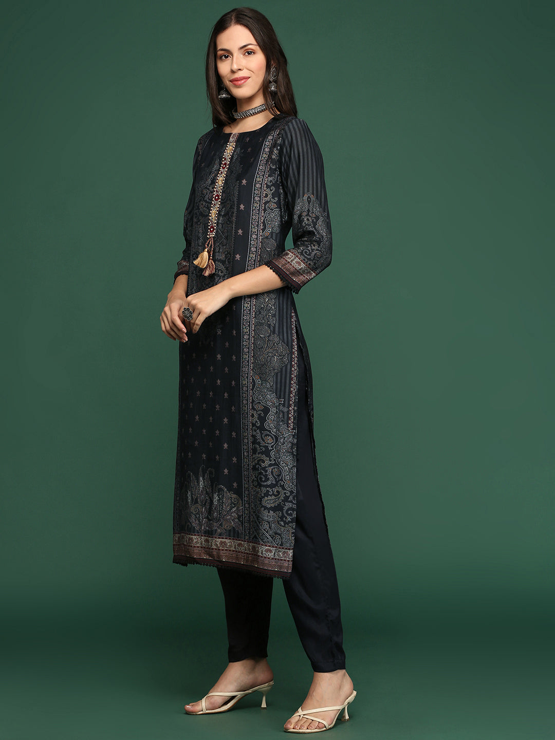 Women Graphic Charcoal Straight Kurta Set with Dupatta