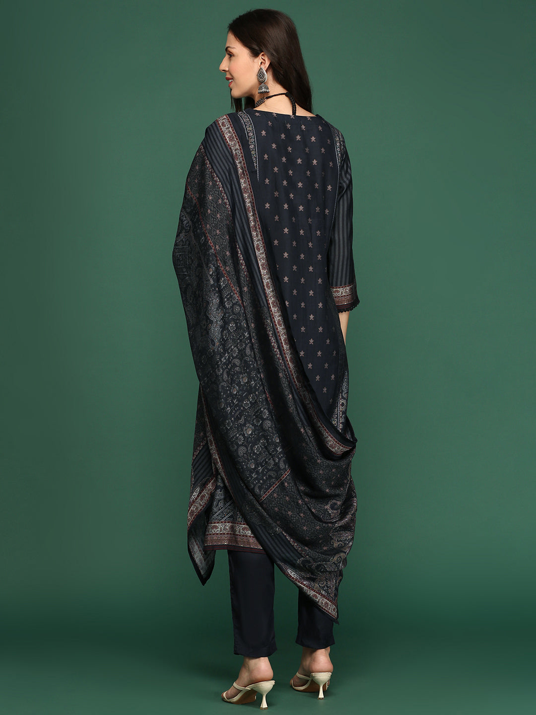 Women Graphic Charcoal Straight Kurta Set with Dupatta