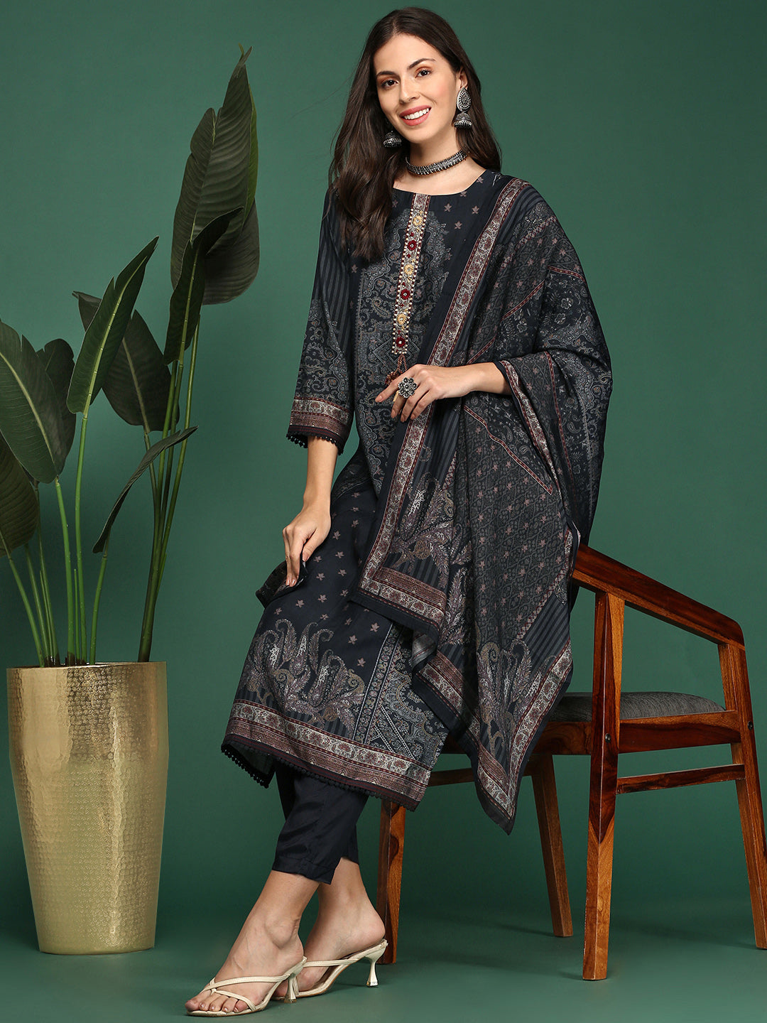 Women Graphic Charcoal Straight Kurta Set with Dupatta