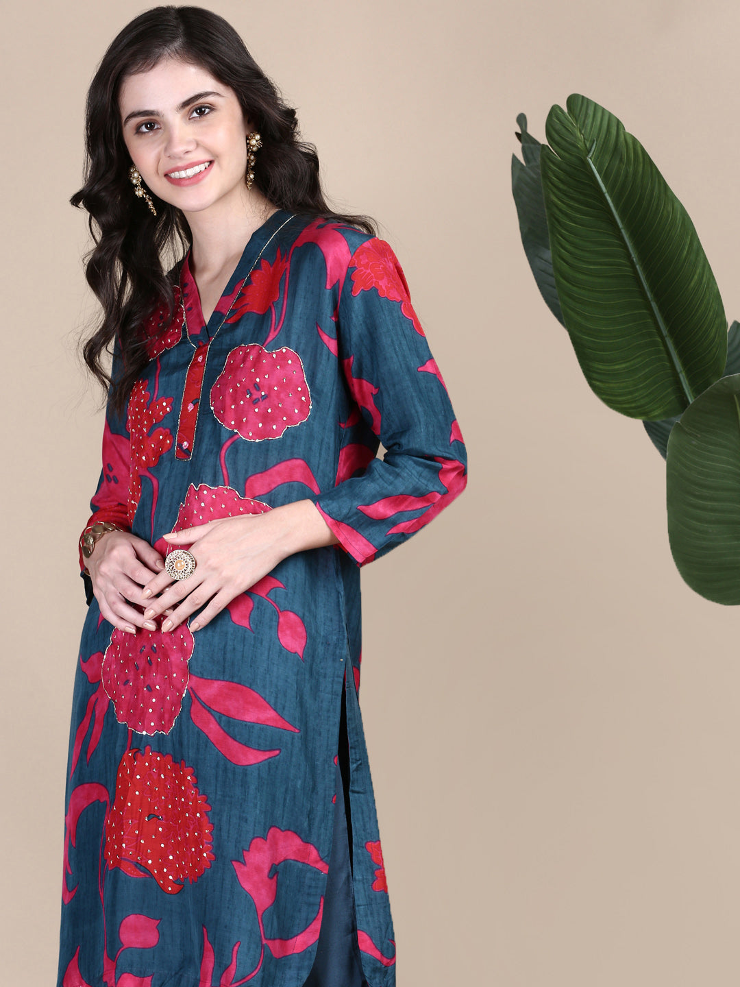 Women Floral Teal Straight Kurta Set