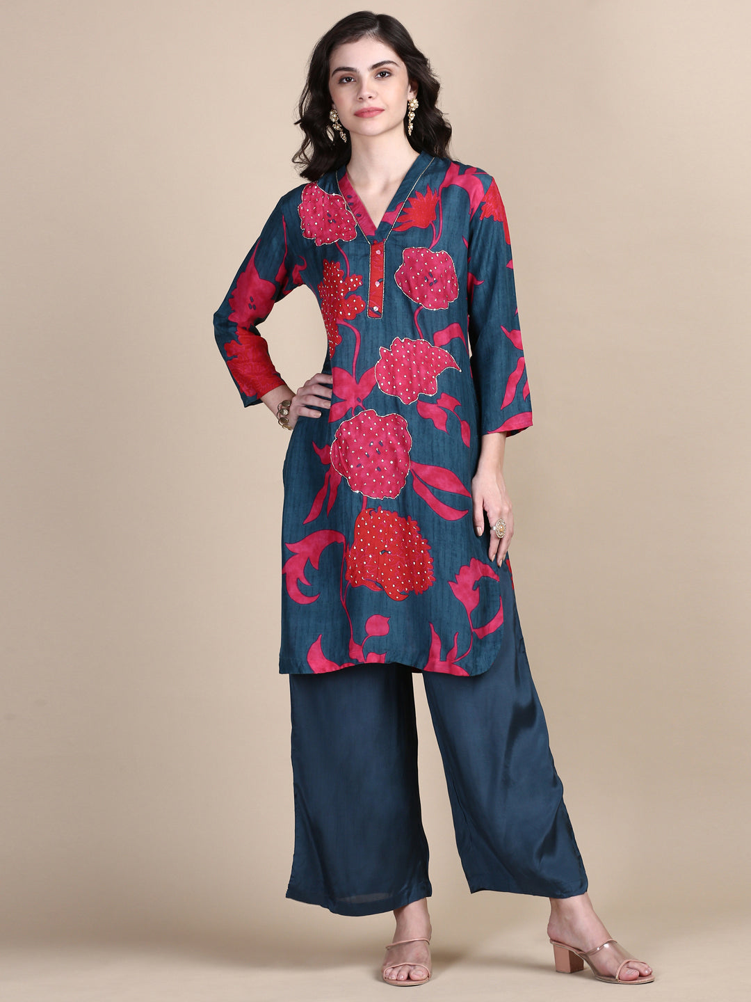 Women Floral Teal Straight Kurta Set