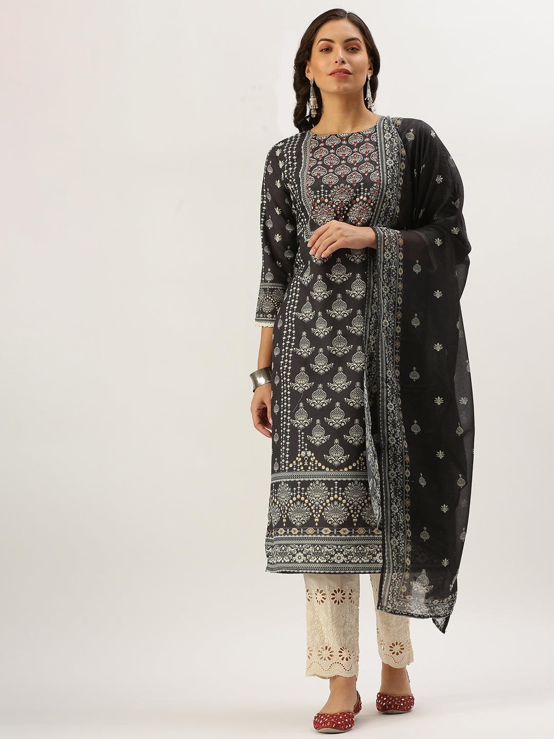 Women Straight Grey Printed Kurta and Trousers