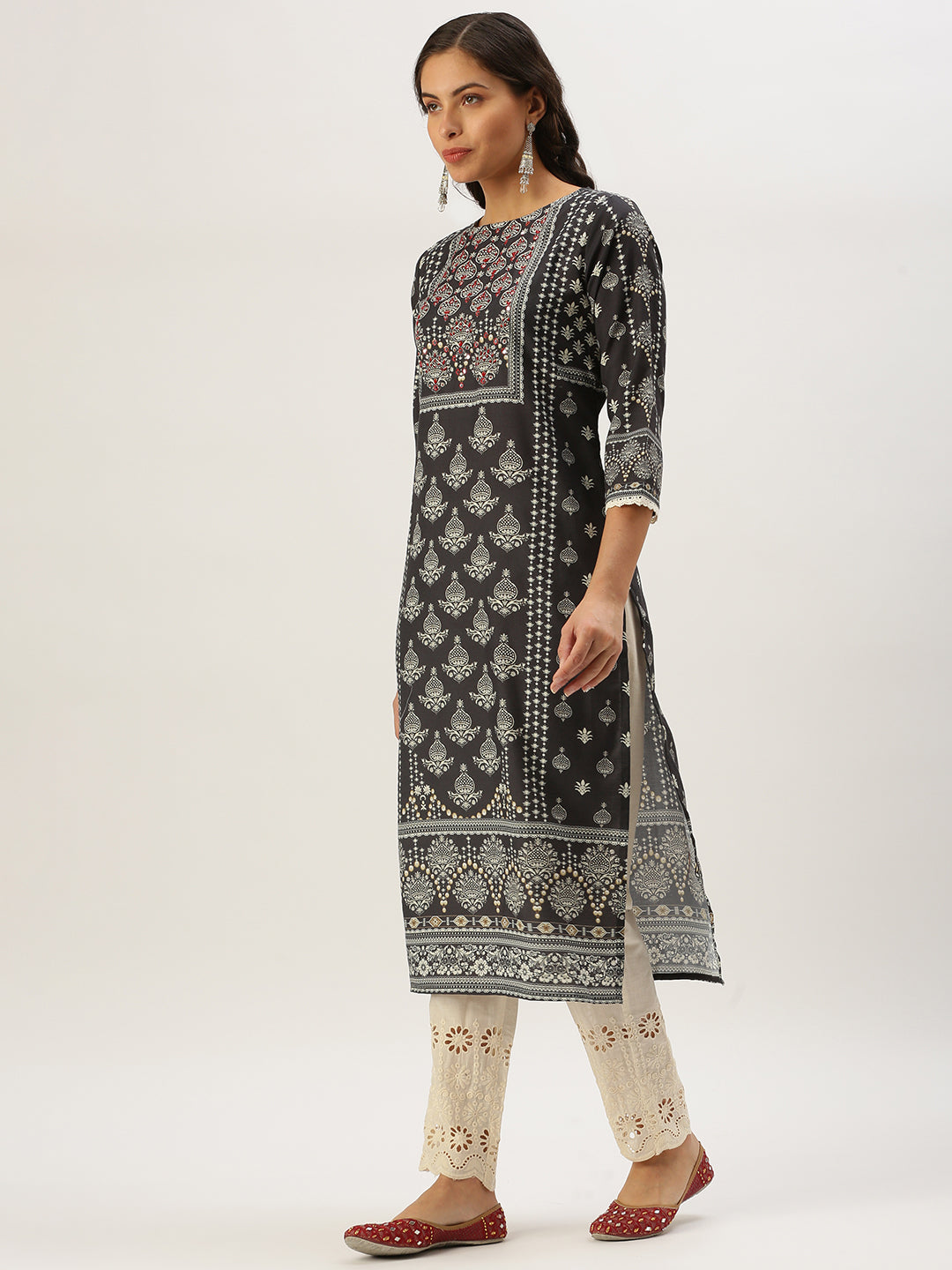 Women Straight Grey Printed Kurta and Trousers