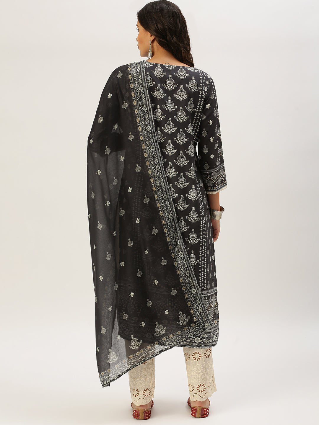 Women Straight Grey Printed Kurta and Trousers