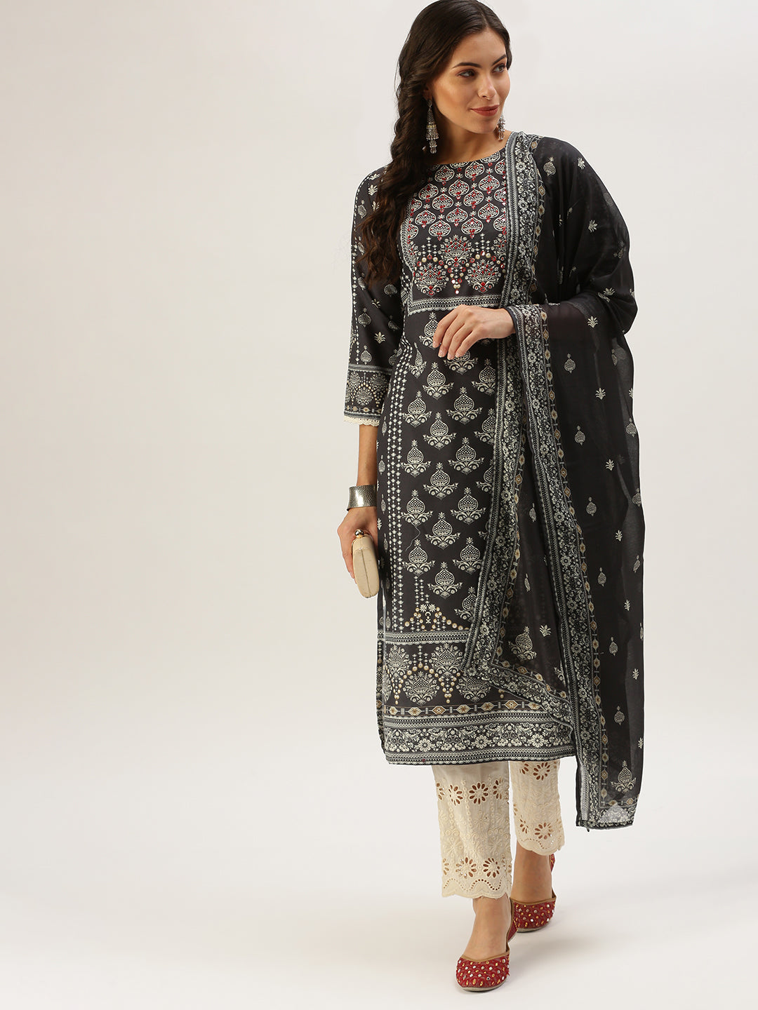 Women Straight Grey Printed Kurta and Trousers