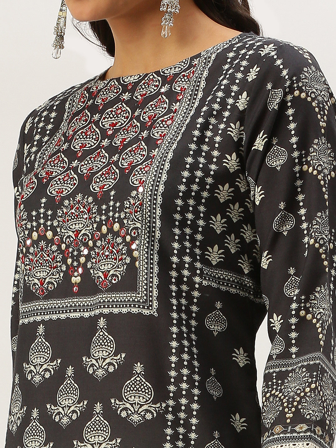 Women Straight Grey Printed Kurta and Trousers