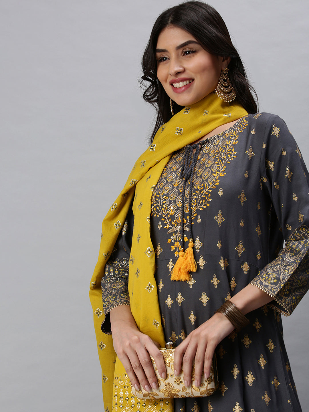 Women Graphic Grey A-Line Kurta Set with Dupatta