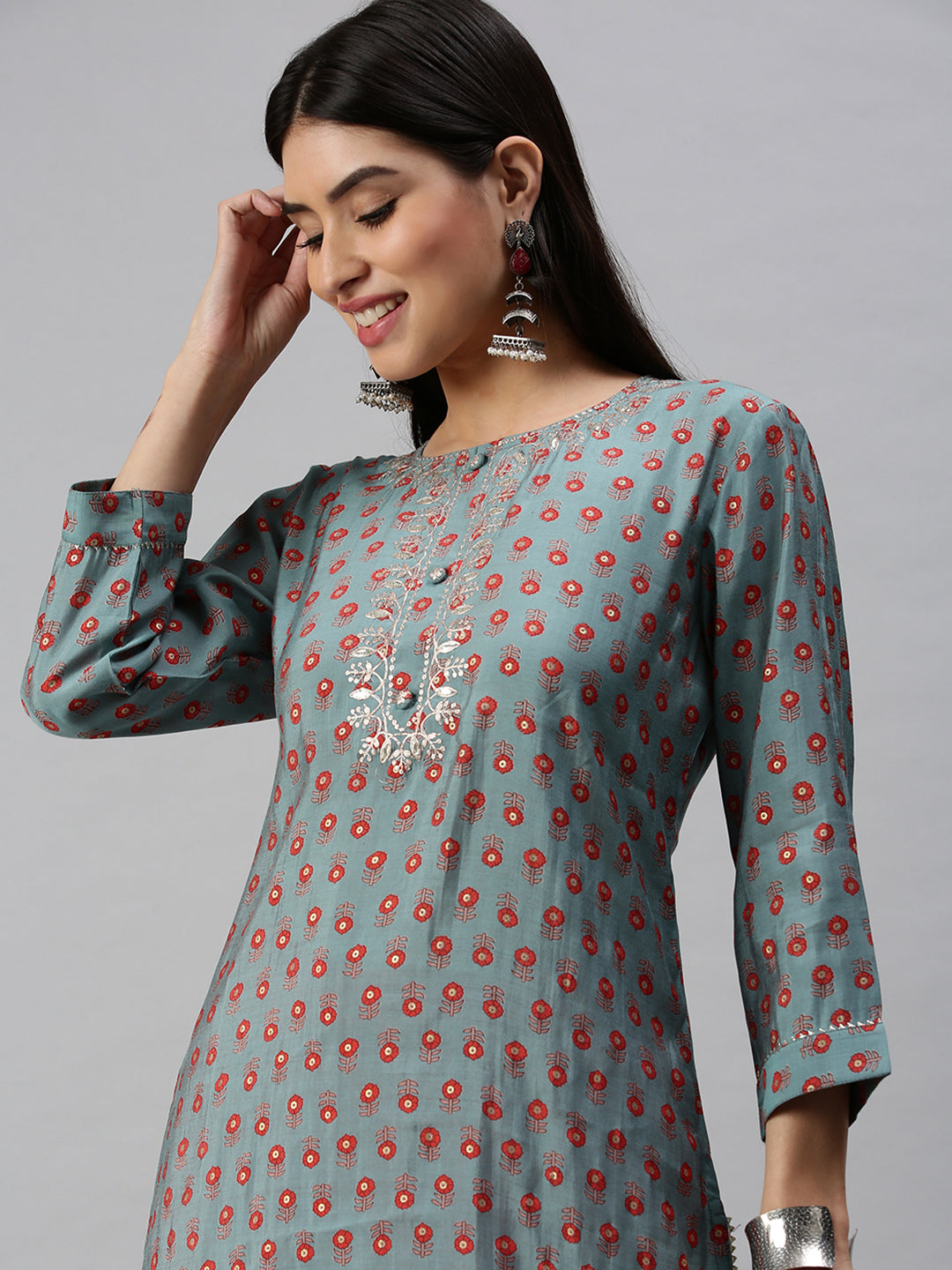 Women Straight Blue Printed Kurta and Trousers