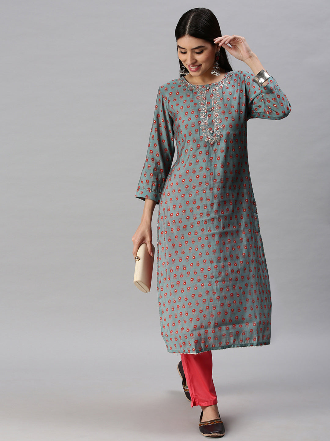 Women Straight Blue Printed Kurta and Trousers