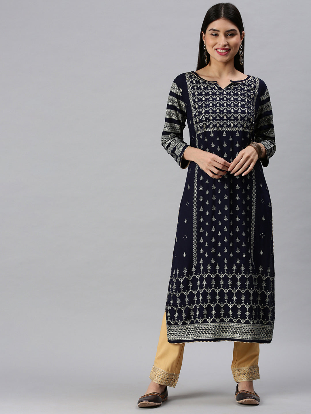 Women Straight Navy Blue Printed Kurta and Trousers