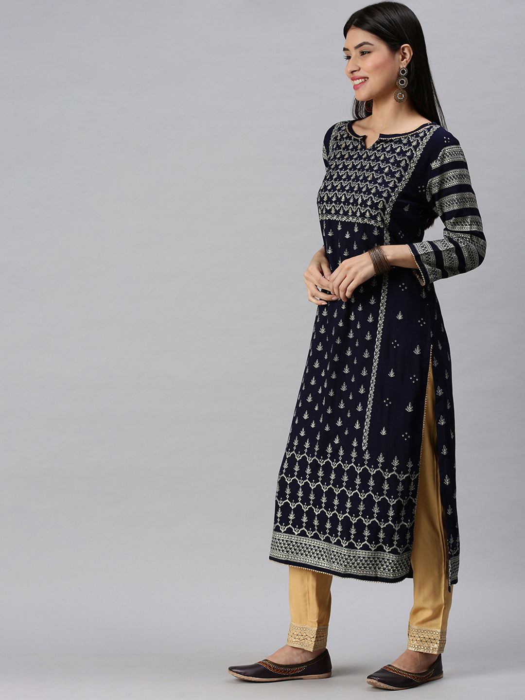 Women Straight Navy Blue Printed Kurta and Trousers