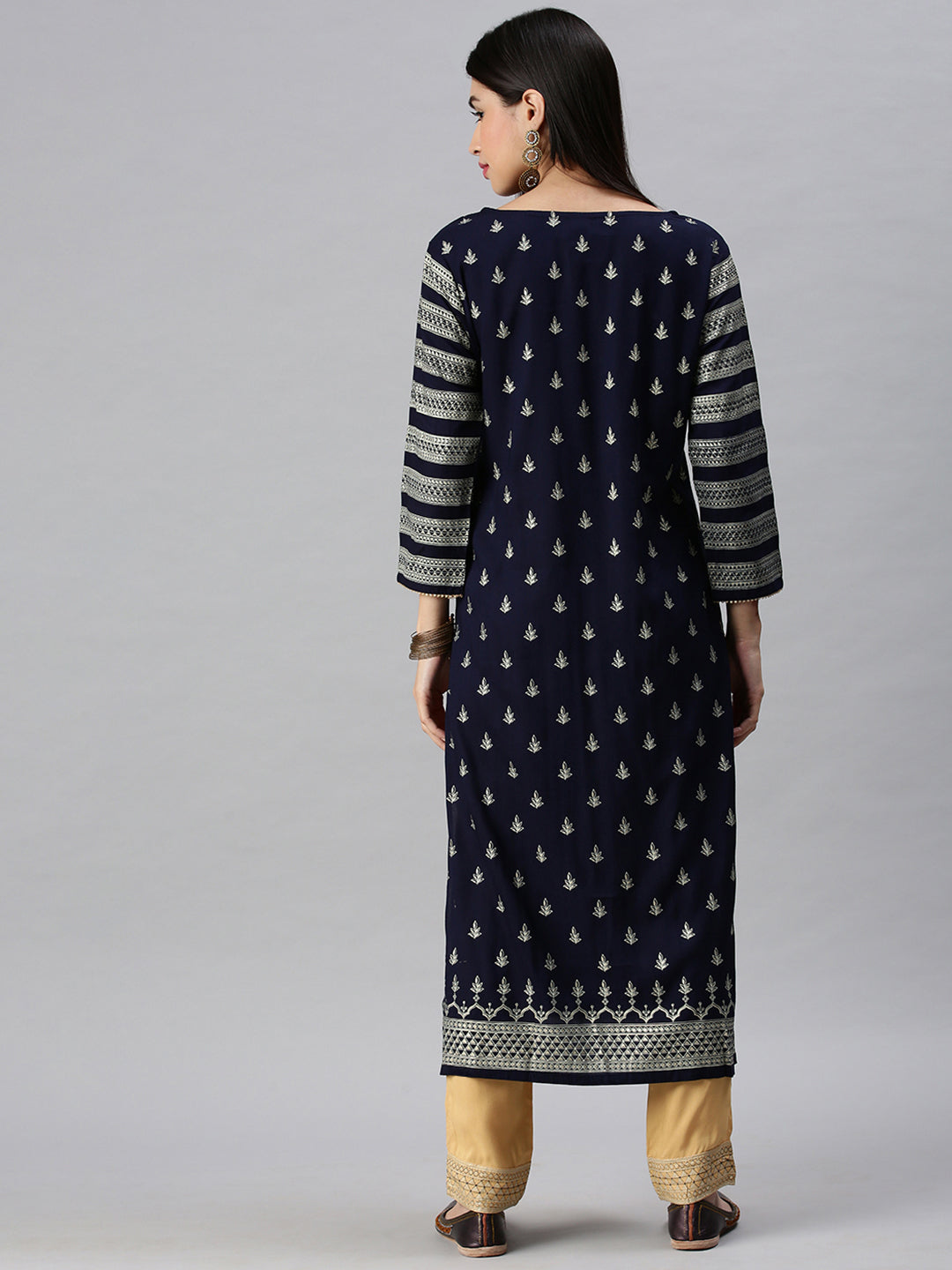 Women Straight Navy Blue Printed Kurta and Trousers