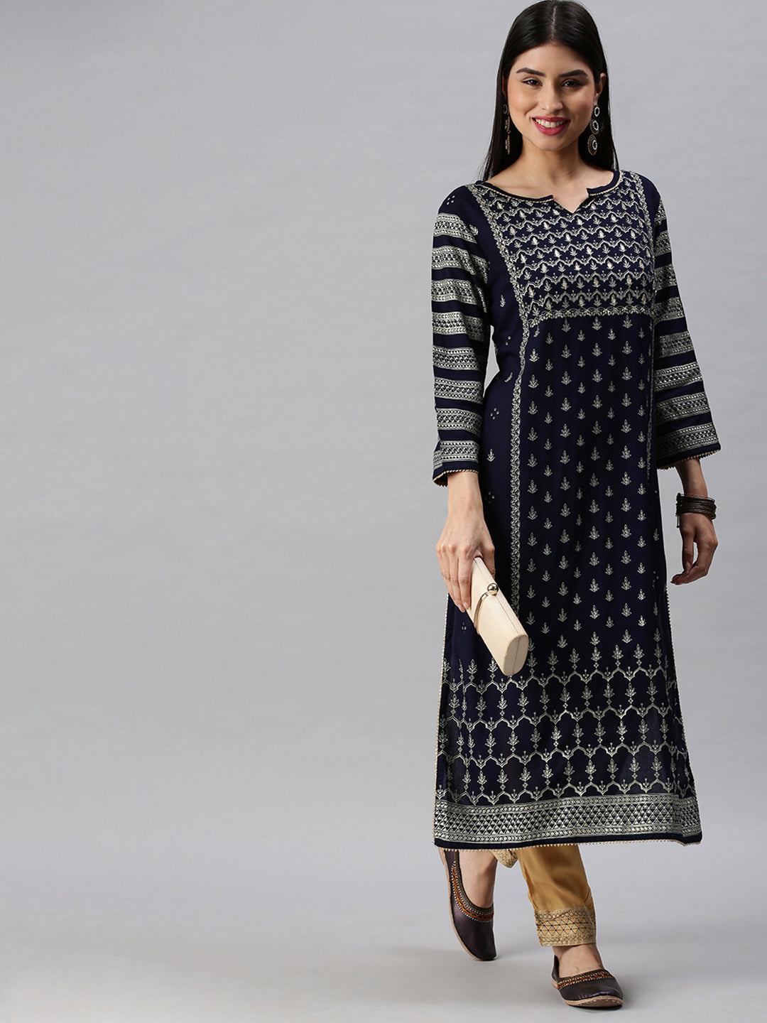 Women Straight Navy Blue Printed Kurta and Trousers