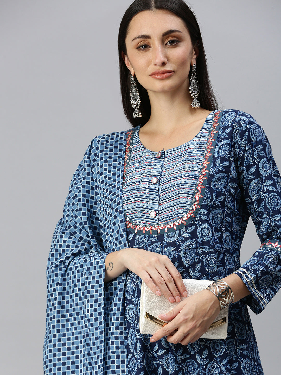 Women A-Line Blue Printed Kurti and Sharara Comes with Dupatta