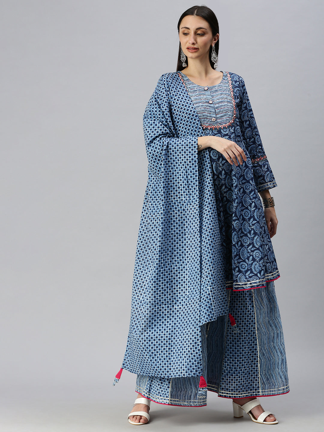 Women A-Line Blue Printed Kurti and Sharara Comes with Dupatta