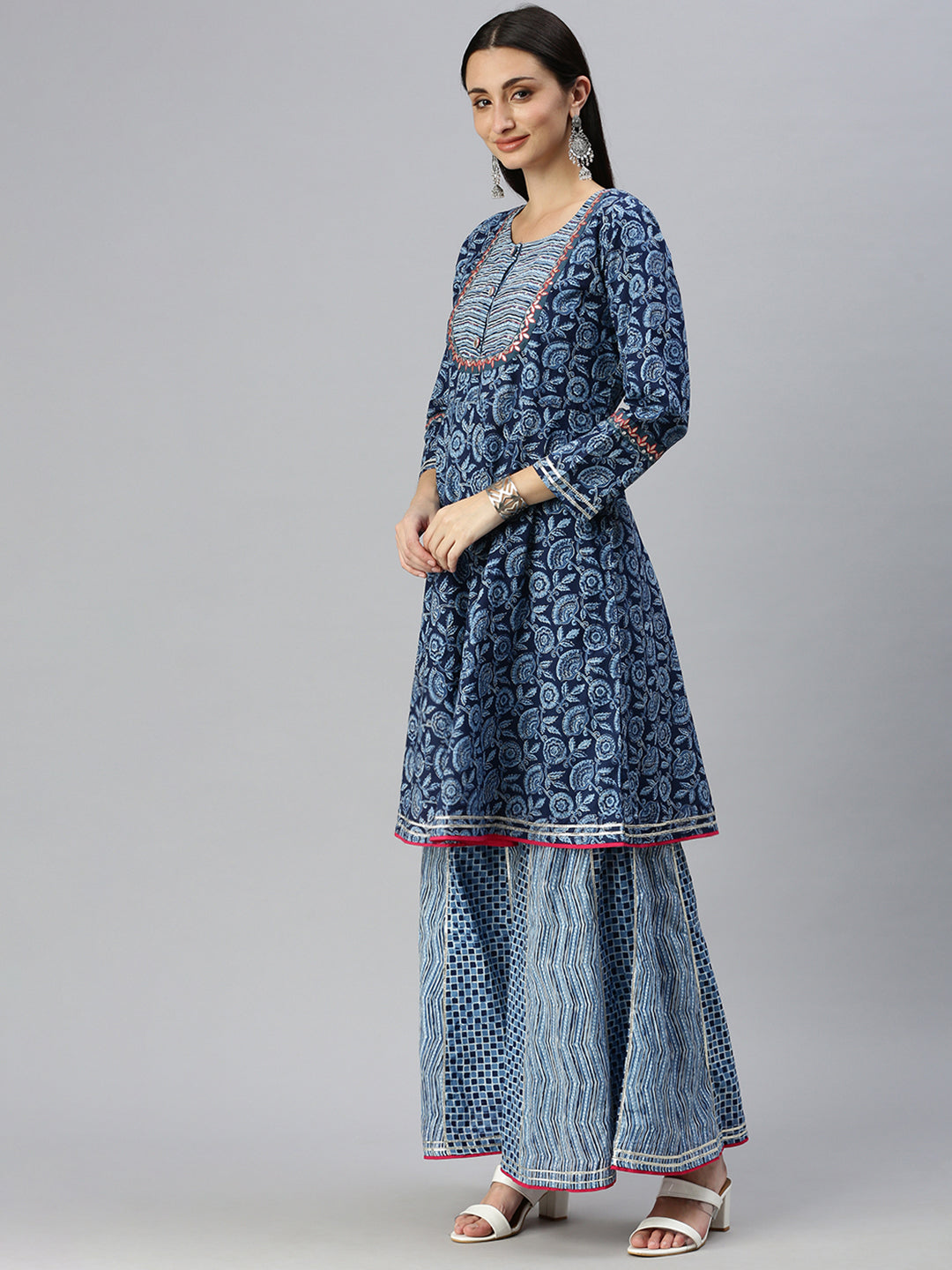 Women A-Line Blue Printed Kurti and Sharara Comes with Dupatta