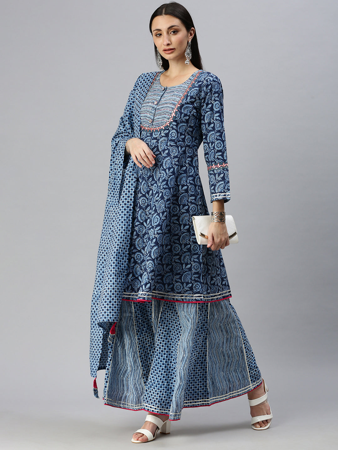 Women A-Line Blue Printed Kurti and Sharara Comes with Dupatta