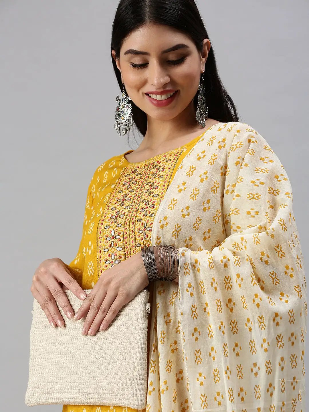 Women's Straight Yellow Printed Kurta and Trousers