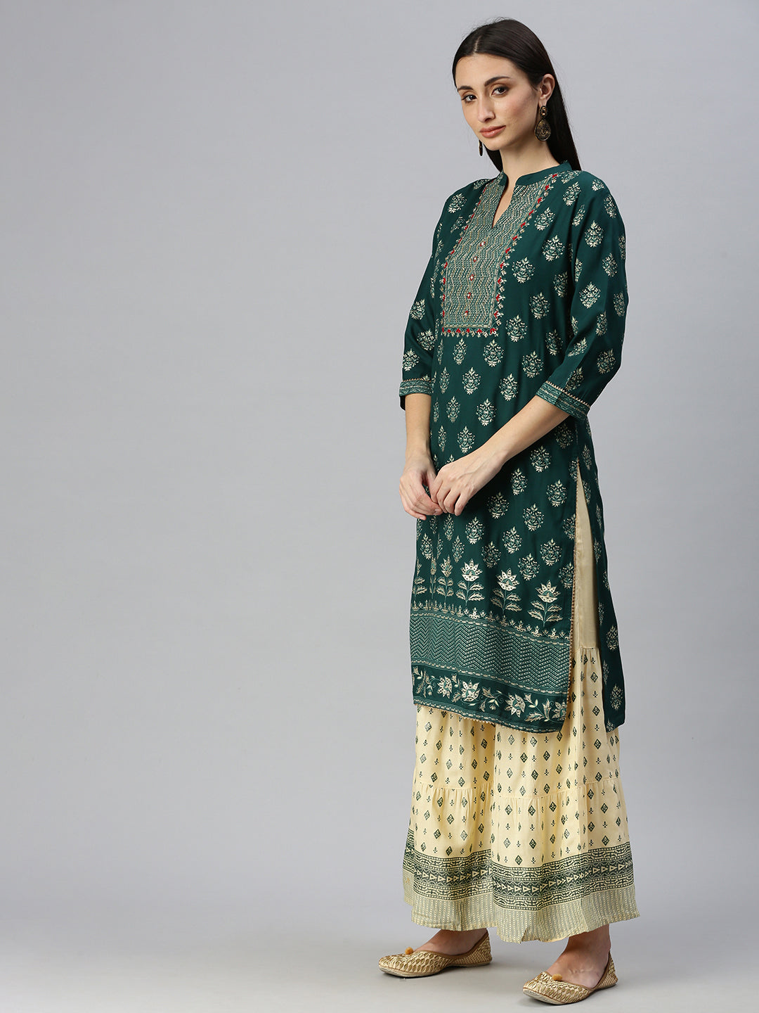 Women Straight Green Printed Kurta and Sharara Comes with Dupatta