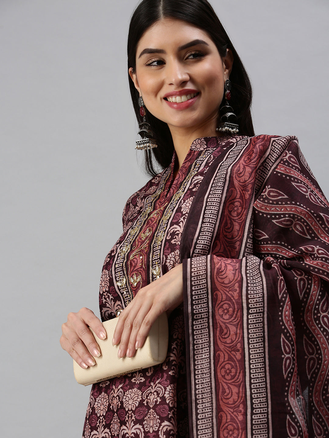 Women Straight Maroon Printed Kurta and Trousers