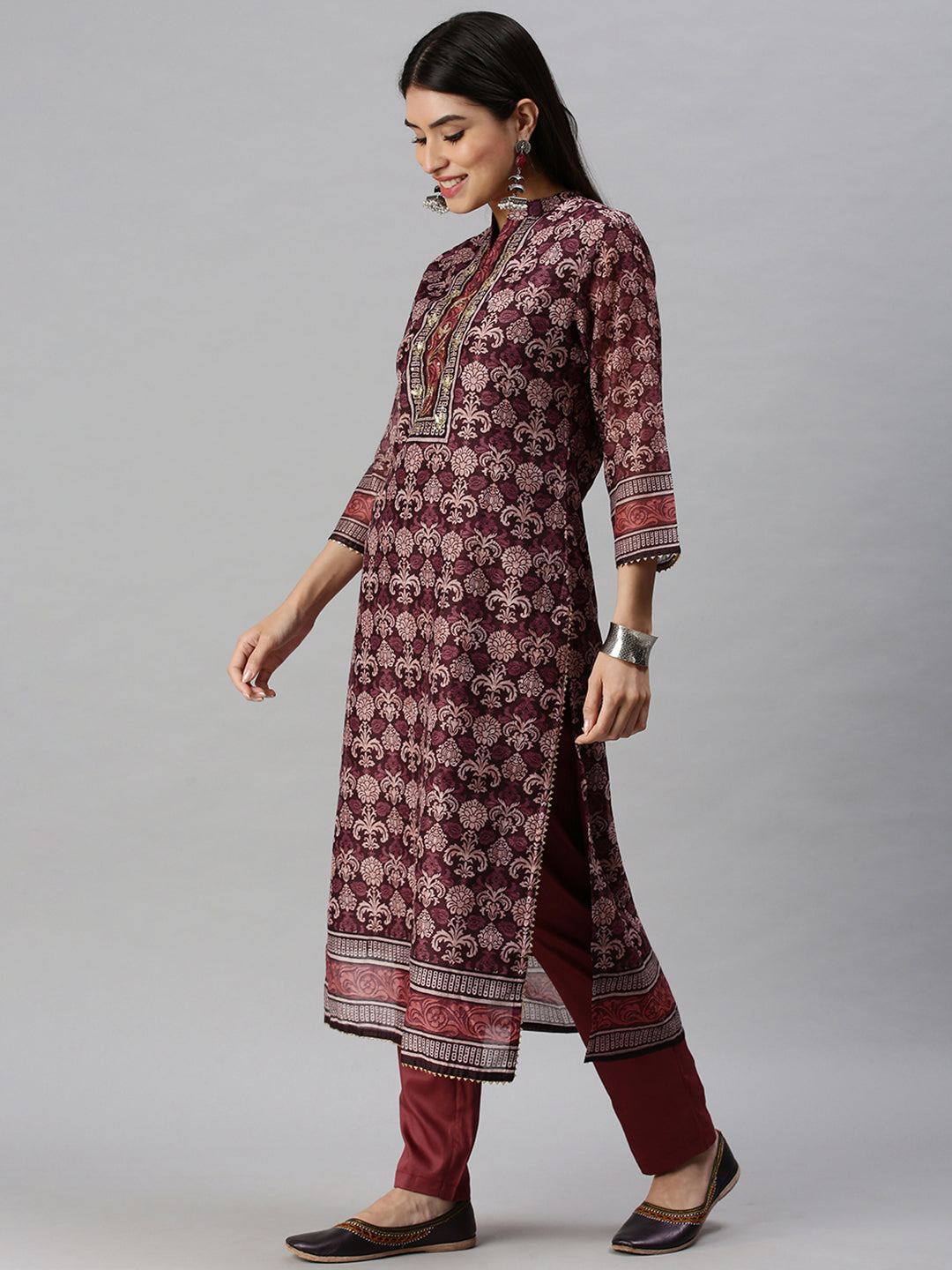 Women Straight Maroon Printed Kurta and Trousers