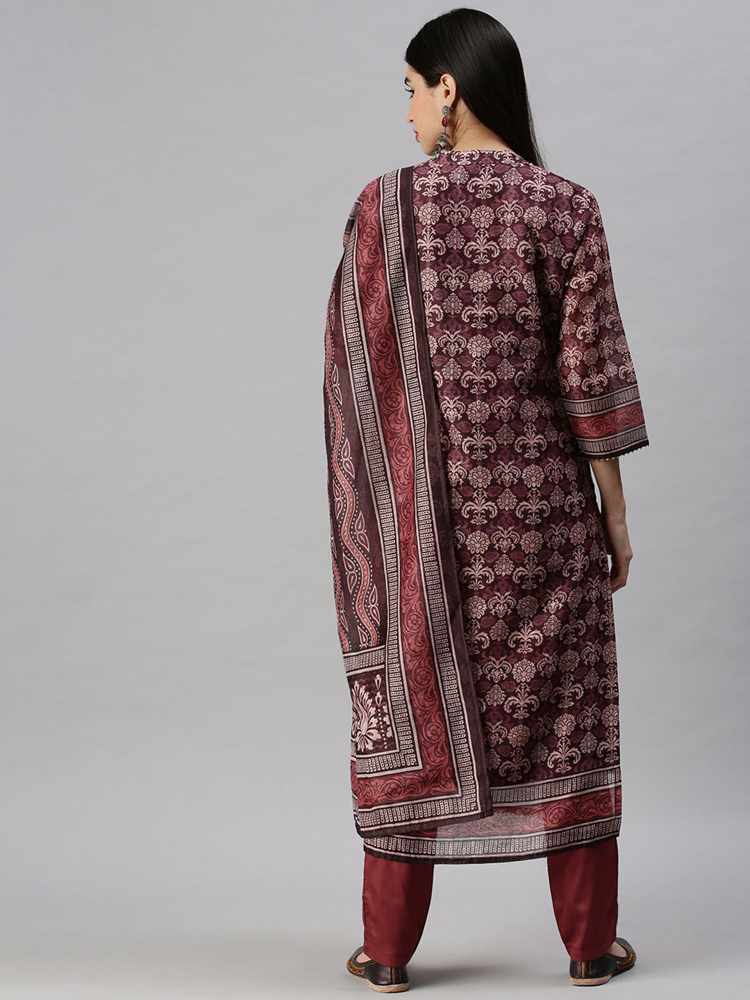 Women Straight Maroon Printed Kurta and Trousers