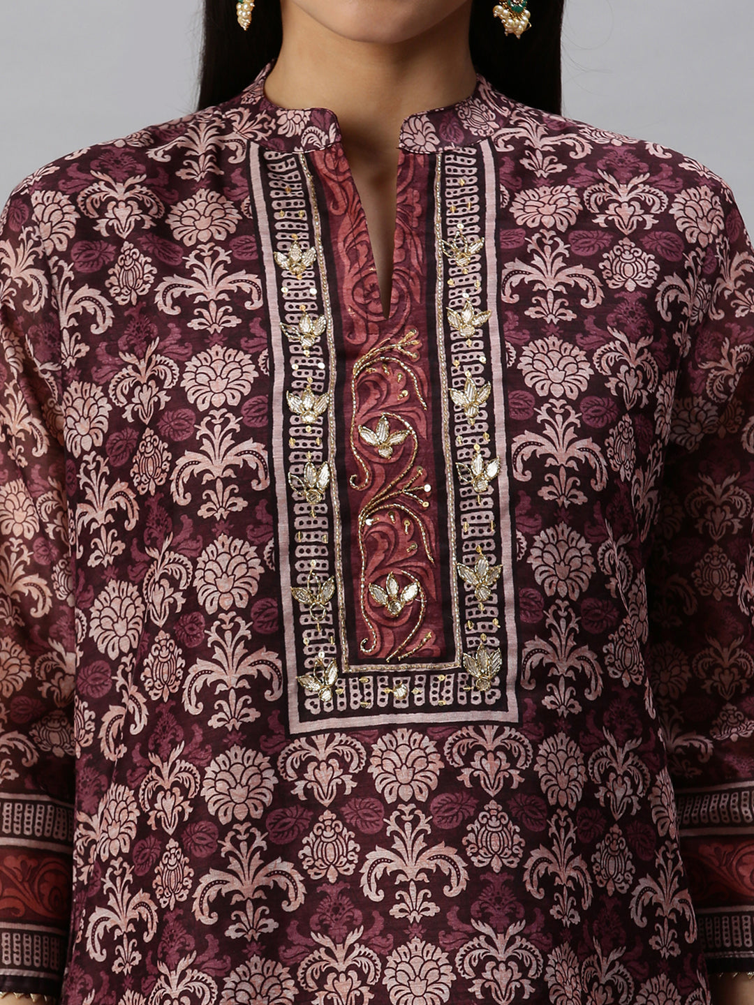 Women Straight Maroon Printed Kurta and Trousers