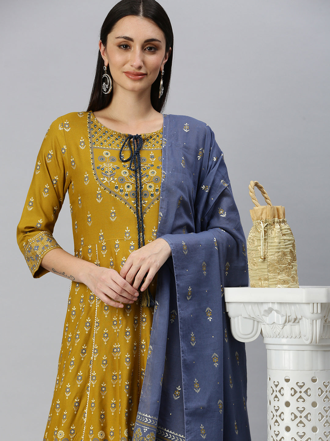 Women Anarkali Mustard Printed Kurta and Trousers Comes with Dupatta