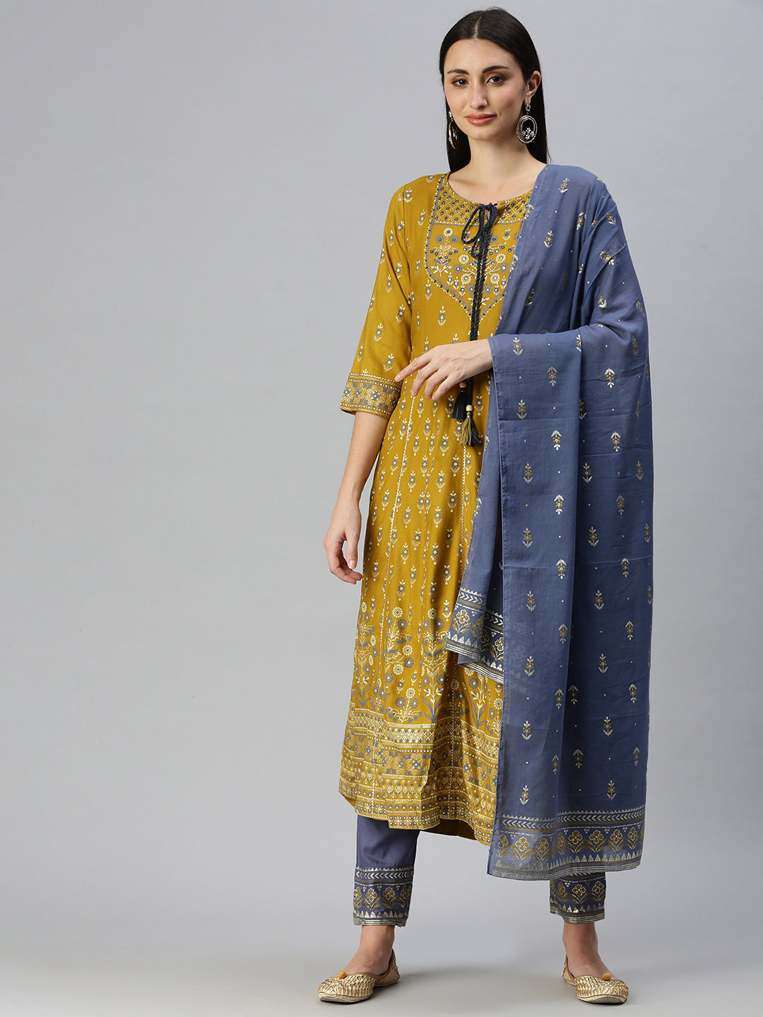 Women Anarkali Mustard Printed Kurta and Trousers Comes with Dupatta