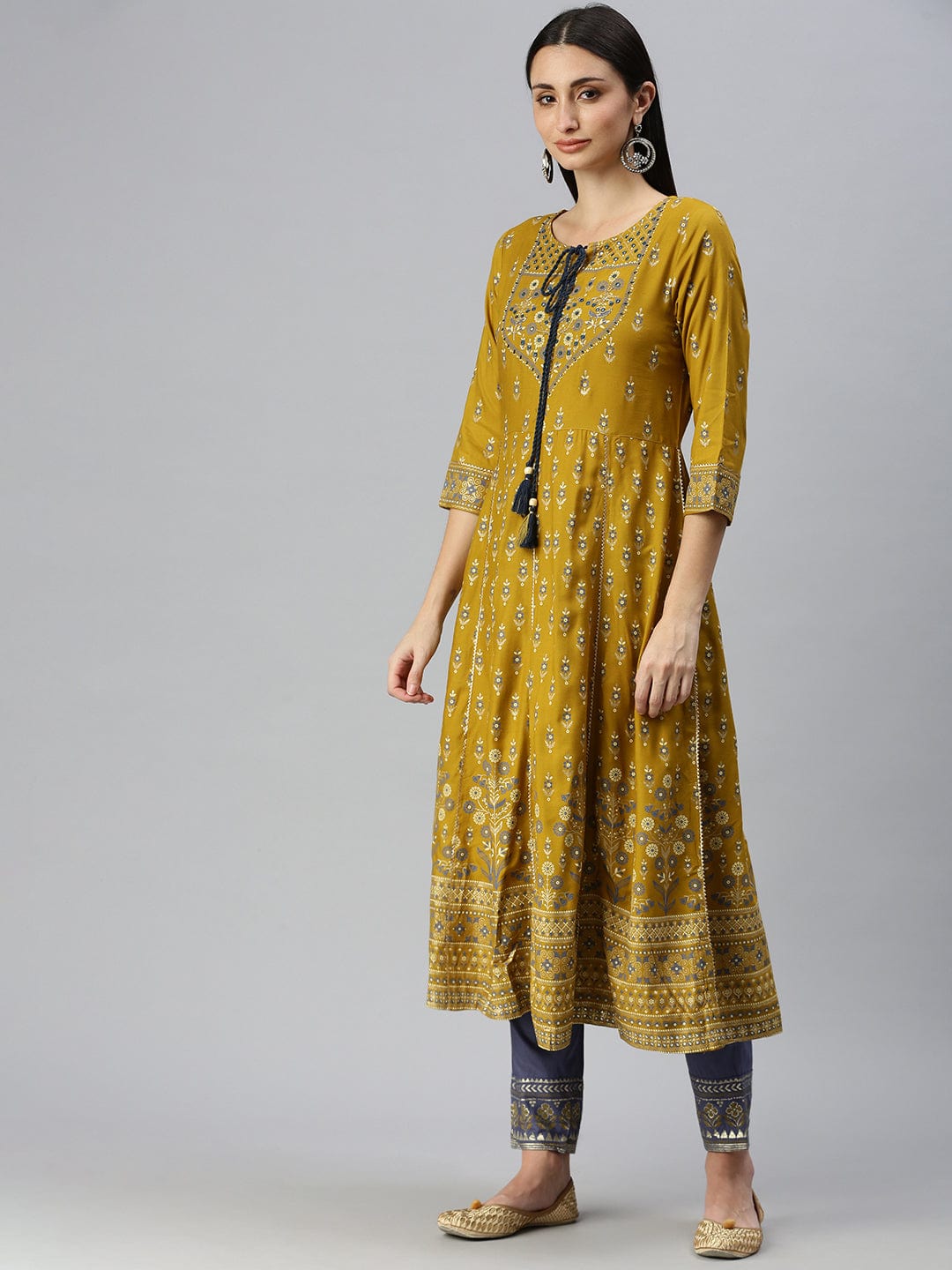 Women's Anarkali Mustard Printed Kurta Sets with Trousers & Dupatta