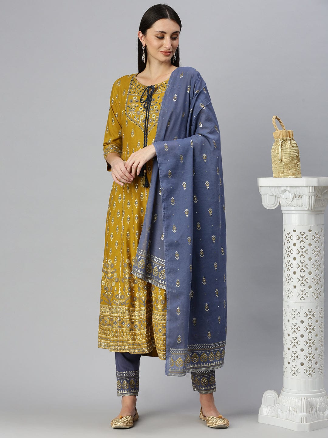 Women's Anarkali Mustard Printed Kurta Sets with Trousers & Dupatta