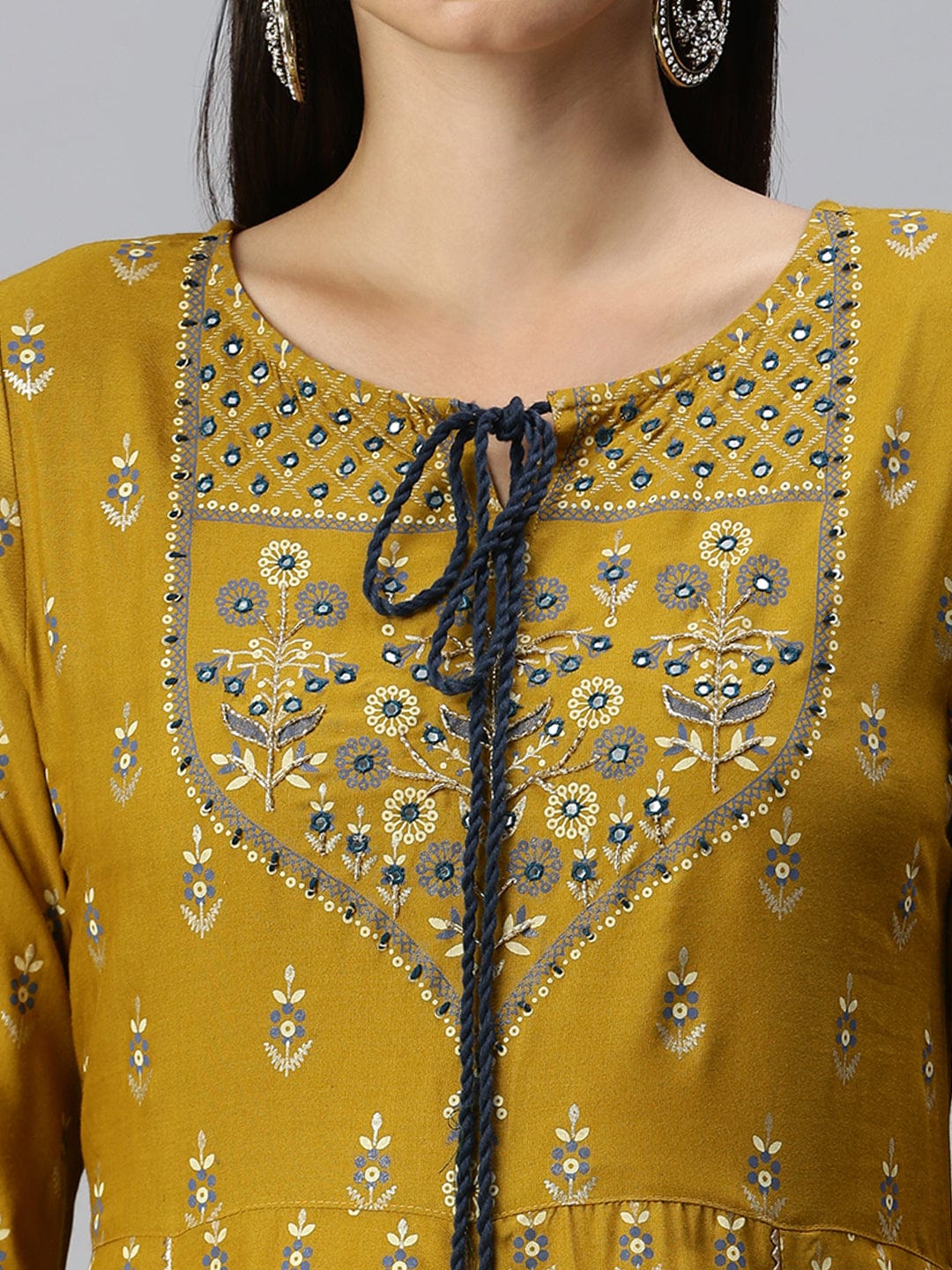 Women's Anarkali Mustard Printed Kurta Sets with Trousers & Dupatta