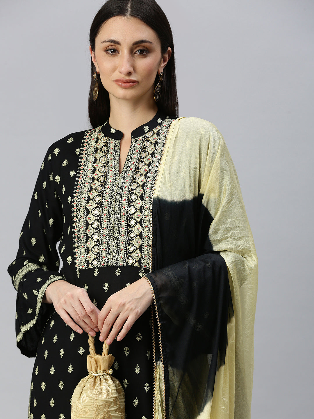 Women Straight Black Printed Kurta and Palazzos Comes with Dupatta