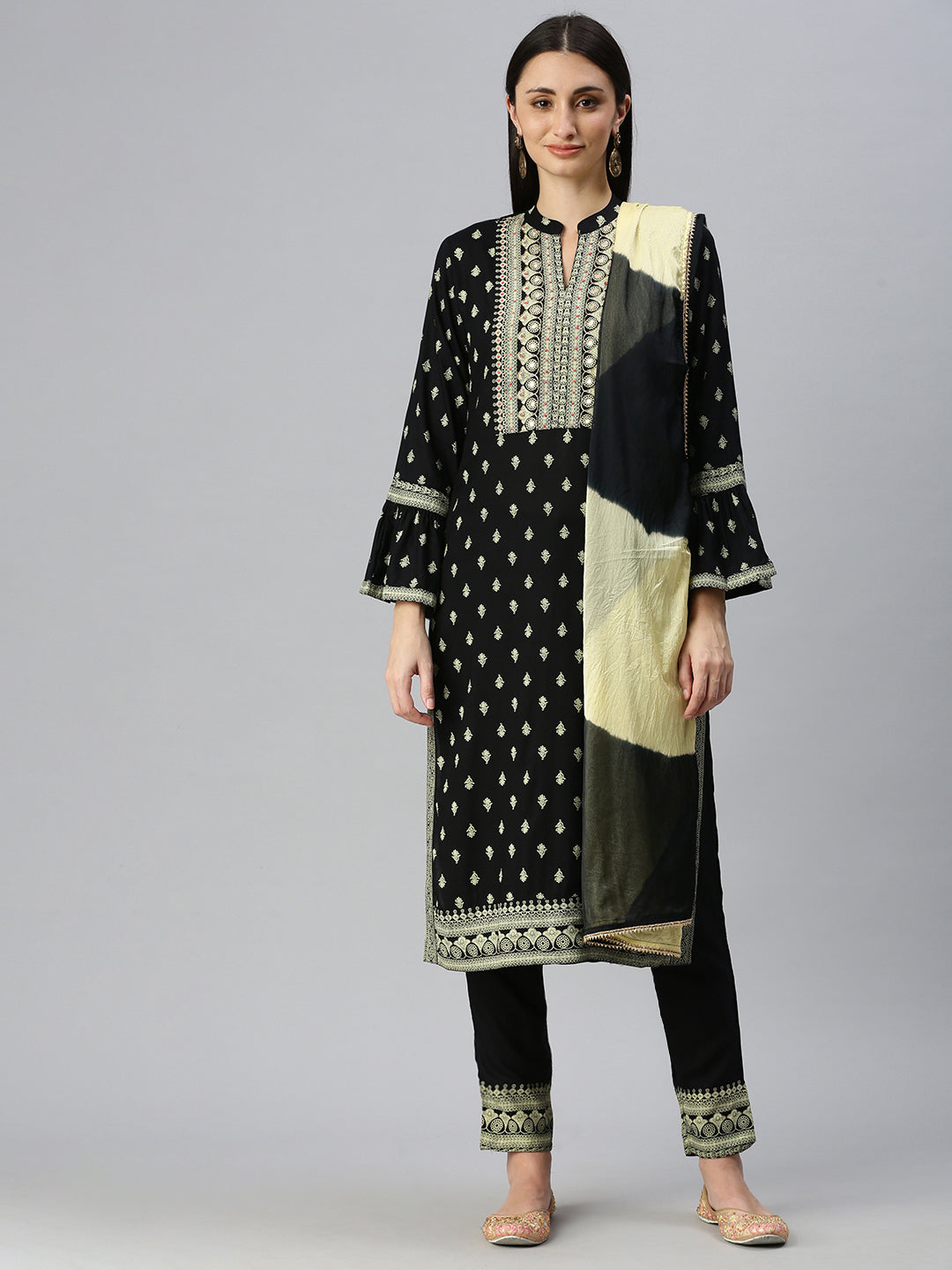 Women Straight Black Printed Kurta and Palazzos Comes with Dupatta