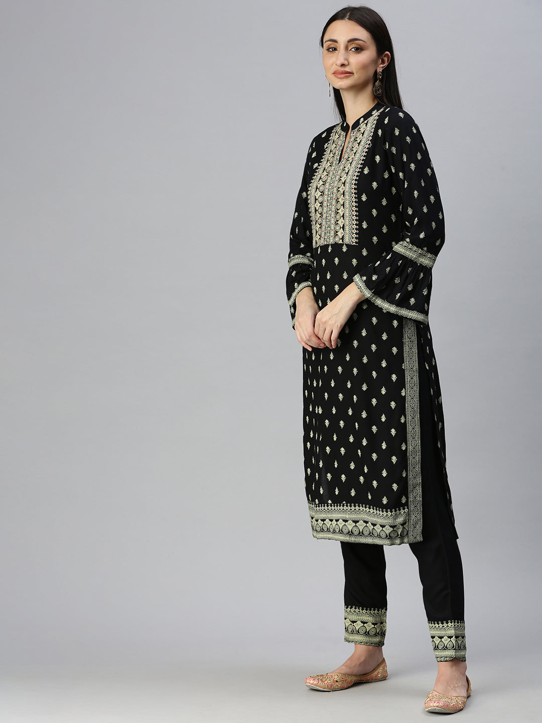 Women Straight Black Printed Kurta and Palazzos Comes with Dupatta