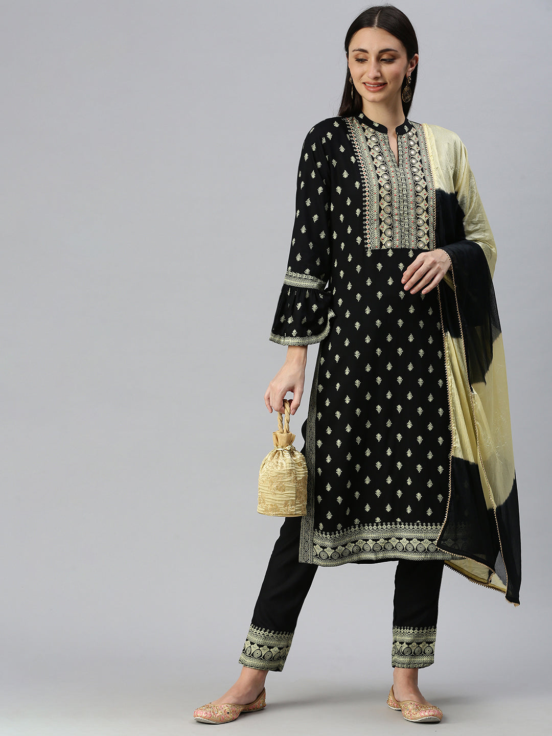 Women Straight Black Printed Kurta and Palazzos Comes with Dupatta