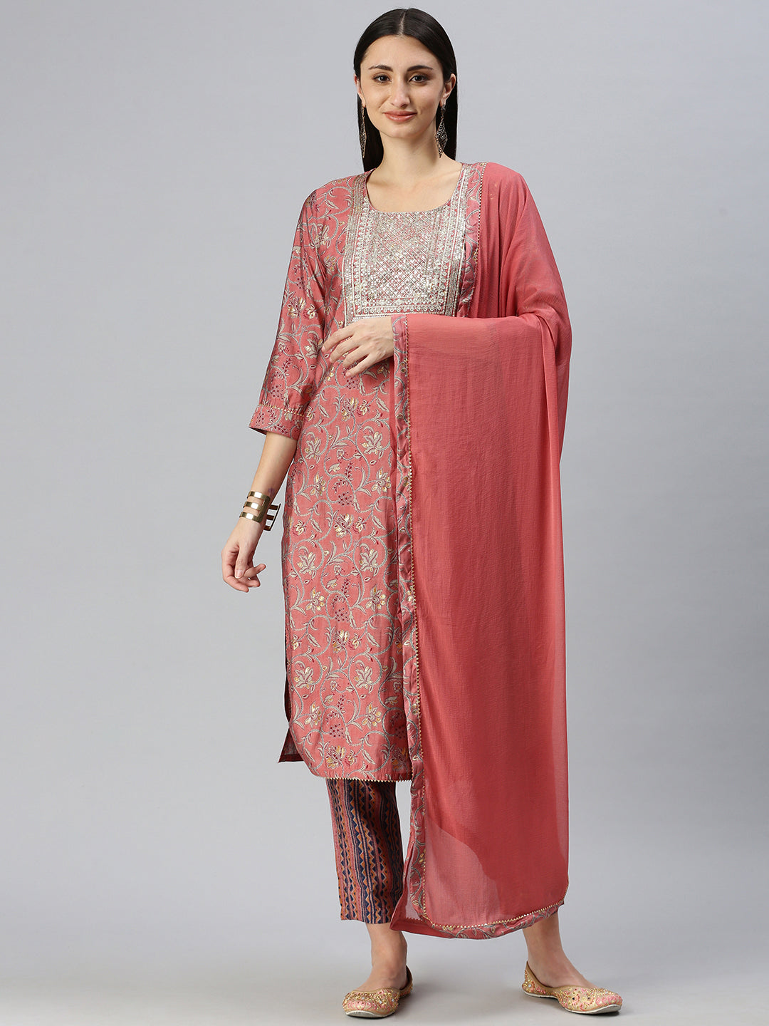 Women Straight Peach Printed Kurta and Trousers Comes with Dupatta