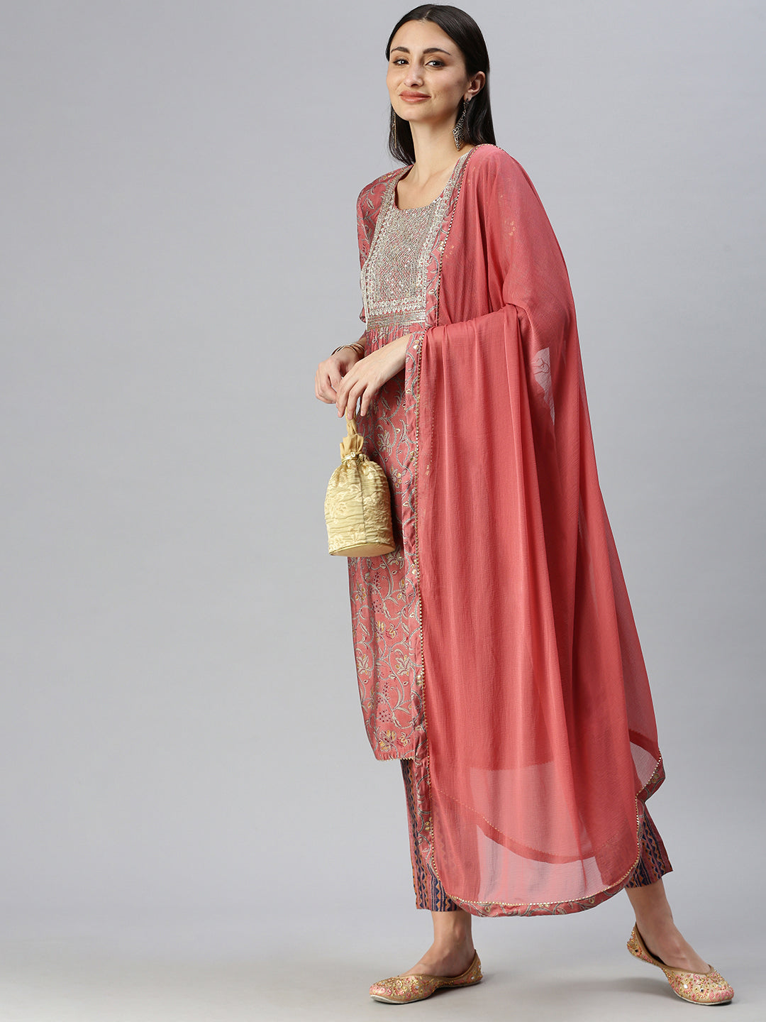 Women Straight Peach Printed Kurta and Trousers Comes with Dupatta