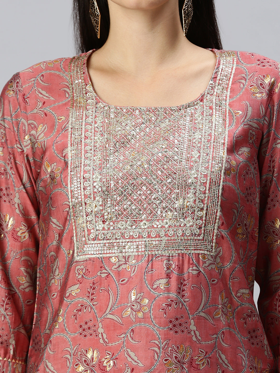 Women Straight Peach Printed Kurta and Trousers Comes with Dupatta