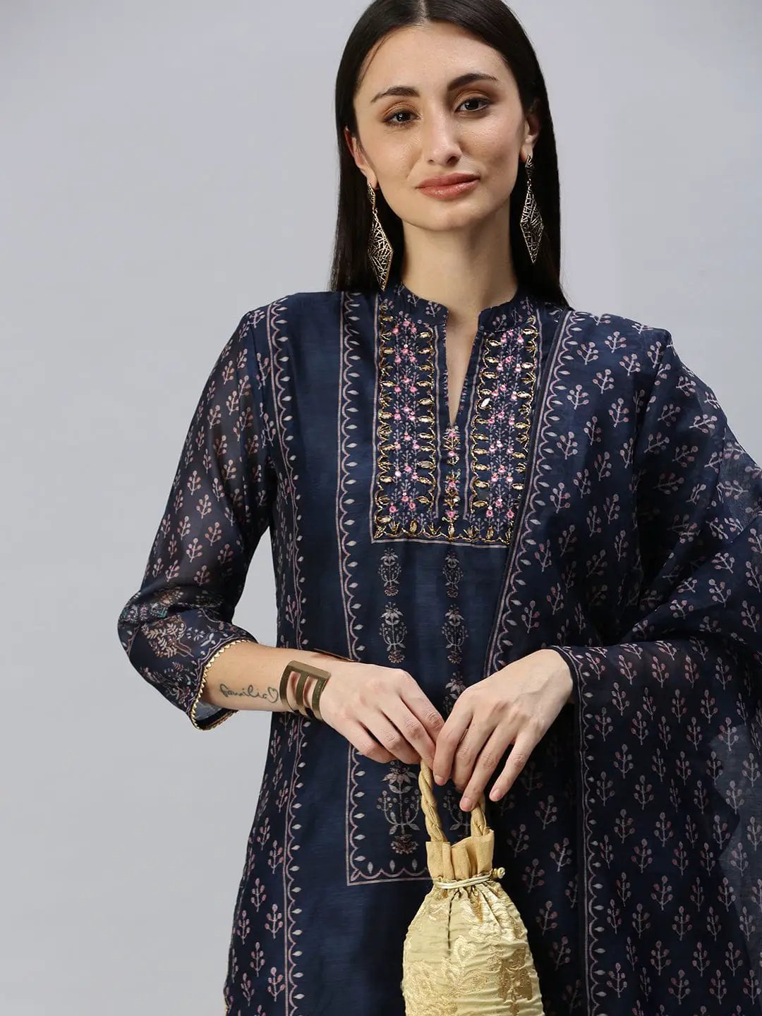 Women's Straight Navy Blue Printed Kurta and Trousers Comes with Dupatta