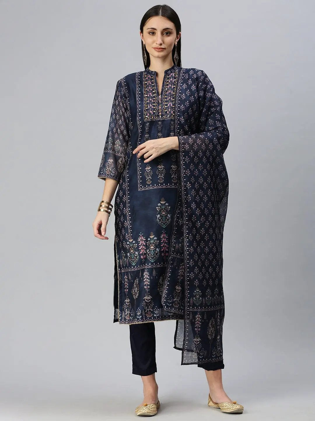 Women's Straight Navy Blue Printed Kurta and Trousers Comes with Dupatta