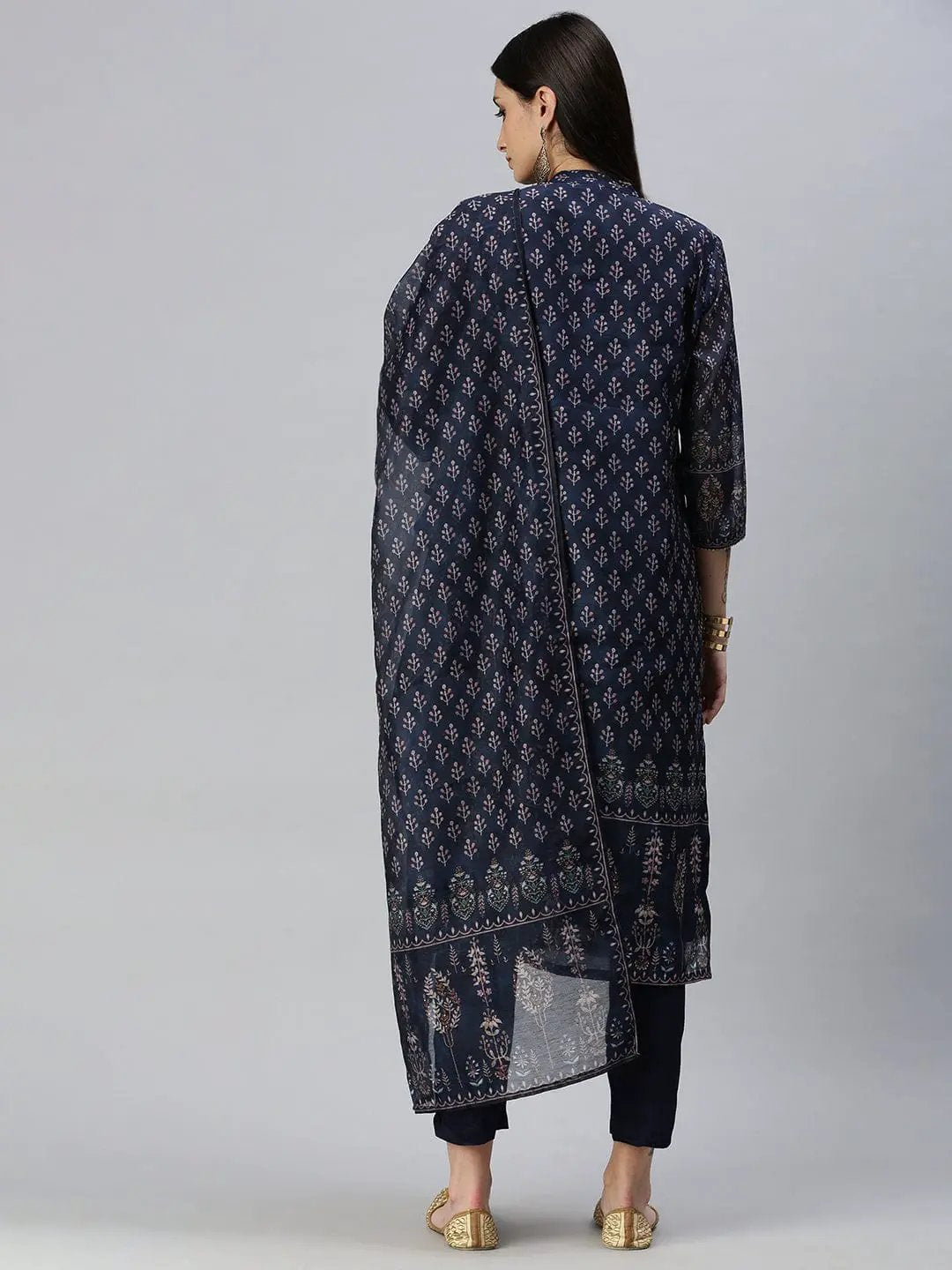 Women's Straight Navy Blue Printed Kurta and Trousers Comes with Dupatta